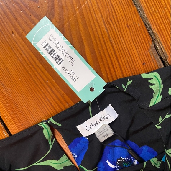 Calvin Klein Janice Pleated Neck Knit Top Size L Sleeveless Black Floral Career - Picture 11 of 13